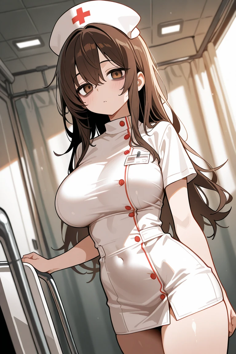 girl, nurse, hospital, flom below, beautiful face, angry face, high detailed real eye, high quality pupil, perfect body, beautiful tits, huge butt, mini skirt, white lace panty, brown color hair, semi long hair, high detailed real skin, high quality skin, sweaty skin, wet skin, professional lighting, real shadow, masterpiece,