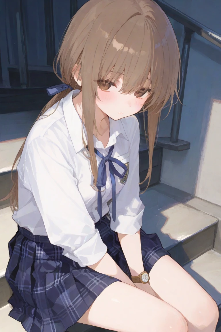 finest, masterpiece, High resolution, (Full-body view from head to toe), front, frontやや下からの構図, symmetry, 18 year old girl, alone, (whole body from head to toe), small breasts, brown hair, slightly messy hair, long hair, bangs, (black tights), ( (black pantyhose), black pantyhose, (squatting pose), (bondage), (spread your legs), (tie one'hands tied behind one's back'Came back), (her legs spread、You can see her white panties between her legs..), composition Show me your white panties, slender beautiful legs, とても美しい18 year old girl, (navy high heels), blush, shy big eyes, messy hair, looking at camera, Show me your white panties, Hide your arms behind your back, dark blue office lady uniform, dark blue pencil skirt, navy blue vest, beige cardigan
