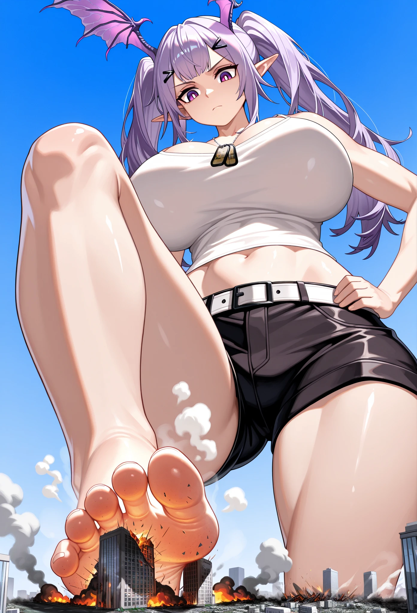 masterpiece, best quality, very aesthetic, absurdres, pov, pantyhose,socks,stockings,lace, sitting, (from below:1.25),sweat, ,nico_robin(one_piece), black_hair, blue_eyes,medium_hair, shiny_skin, large_breasts, cowboy_hat, crop_top, cross-laced_footwear, white_footwear, knee_boots, white_coat, fur-trimmed_coat, long_coat, purple_shorts,,in the canyon