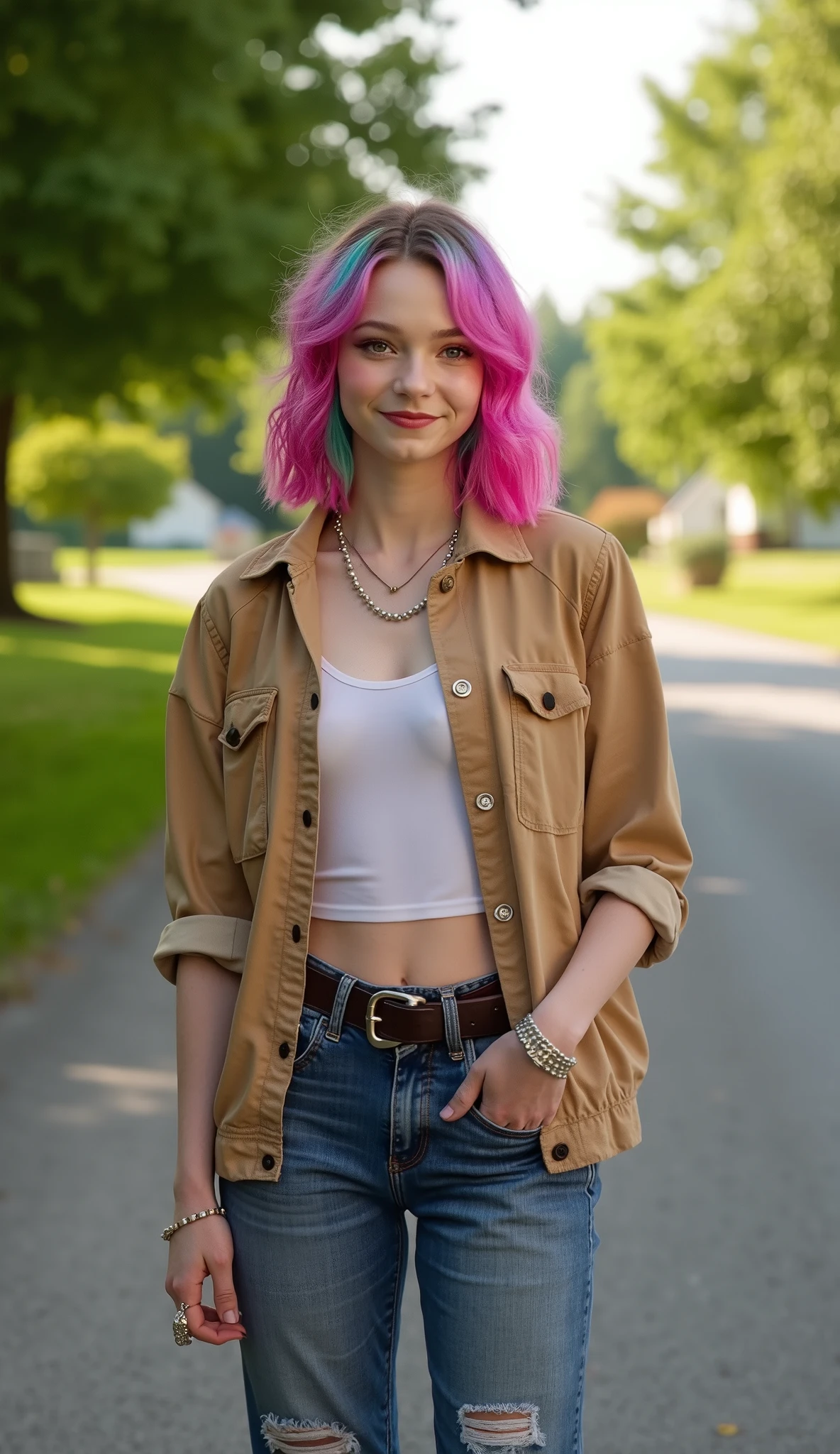cheerful Emma Myers in a casual but sexy outfit standing next to a farmside road smiling and welcoming with a midwestern vibe. Colorful highlights on the hair