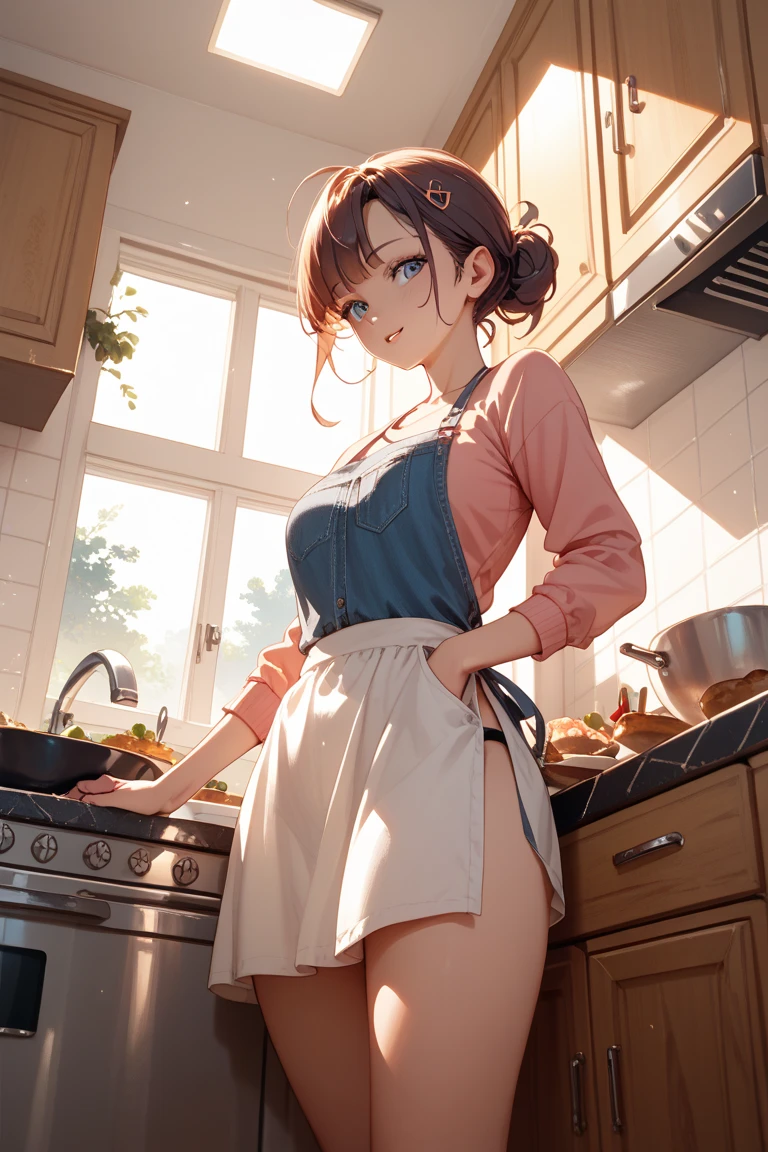 8K raw photo, best quality, masterpiece, ultra high res, film grain, film, 1girl, looking back at viewer, natural skin texture, large realistic eyes and face details, full lips, lipstick, (makeup) , red eyeshadow, cute short hair, smile, closed mouth, beautiful legs, tall female, slim, slim_legs, solo, , cleavage, ultra short beige satin bathrobe, wide , standing, ((())), (((bent at the waist))), hands on a kitchen counter, (((view from the side))), satin bathrobe, jk ribbon on neck, jk ribbon, brown hair, bracelet, bangs, jewelry, parted lips, lips, sideways, slide robe asides, beige satin thongs, showing her firm  and wet , depth of field