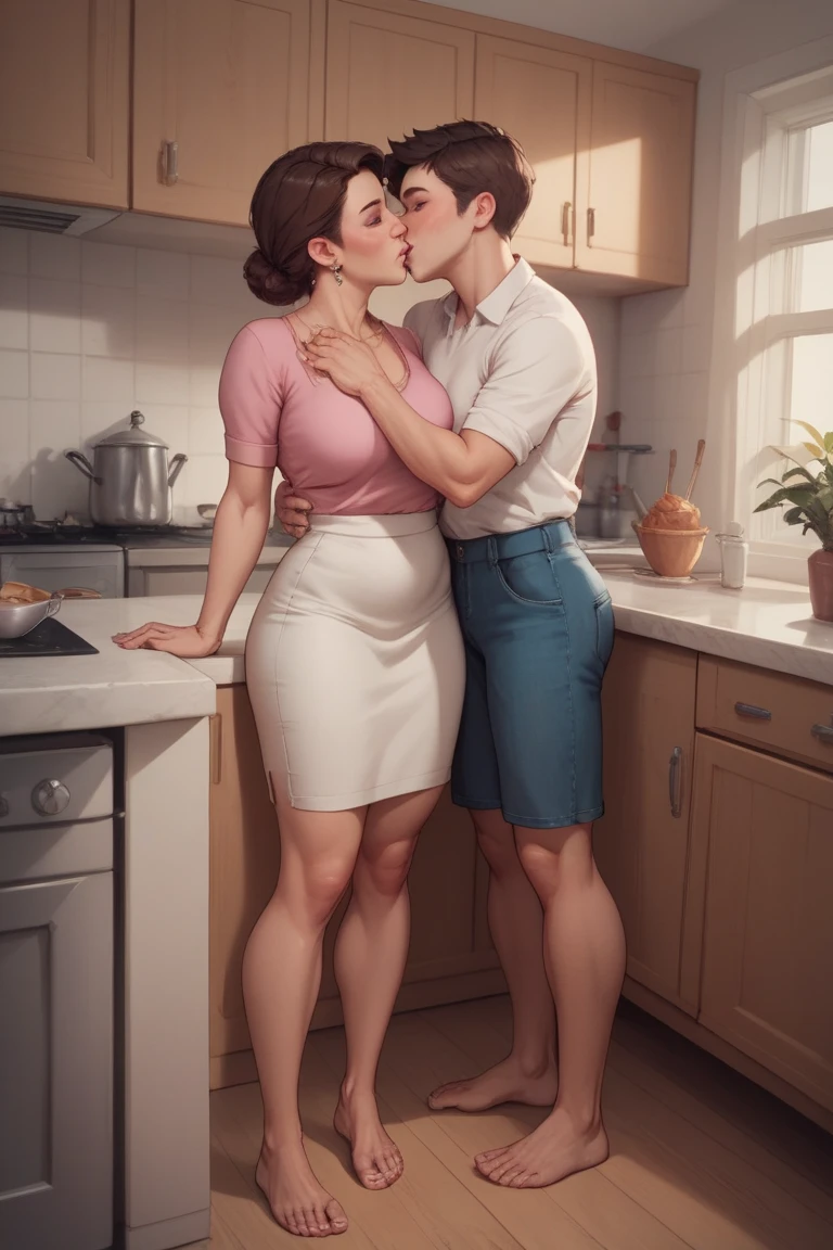 score_9, score_8_up, score_7_up, 1boy, 1girl, mature female, (mother and son), ???, hand on head, kneeling, in a room, Mother Masturbating  her little son's cock, bukkake 