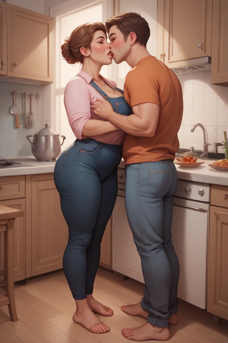 Digital illustration, a ((sexy and slim woman)), and a (chubby and hairy man) having a heated argument in the kitchen, energetic and intense scene, in the Style of Jean "Moebius" Girard and Milo Manara. Resolution: 8K, highly detailed."