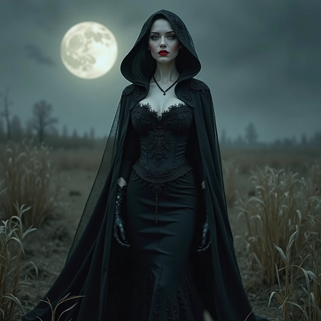 A vampire girl in all her dark splendor, long dark hair cascading over pale shoulders, framing a pale, angular face, deep red eyes glowing with hypnotic intensity, reflecting moonlight in the night sky, wearing a long black dress adorned with lace details and a fitted bodice, draped in a fluid dark cloak, pale skin contrasted by deep red lips revealing sharp fangs as she stands proudly at night, a creature of darkness ready to hunt.