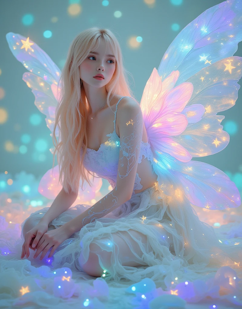 Color photo of a mysterious flower fairy with transparent colorful wings, sit in the light of god, With neon lights, Have a magic wand，Axisymmetric, And a great background.Silver Dress, High heels, Flower Crown, Starry sky background, A gentle yet mysterious expression, Nikon Z7 II Camera, Fujifilm Velvia 50 Film, 50mm lens, High saturation, Tim Walker, David LaChapelle, Sofia Coppola, Valentino, Alexander McQueen