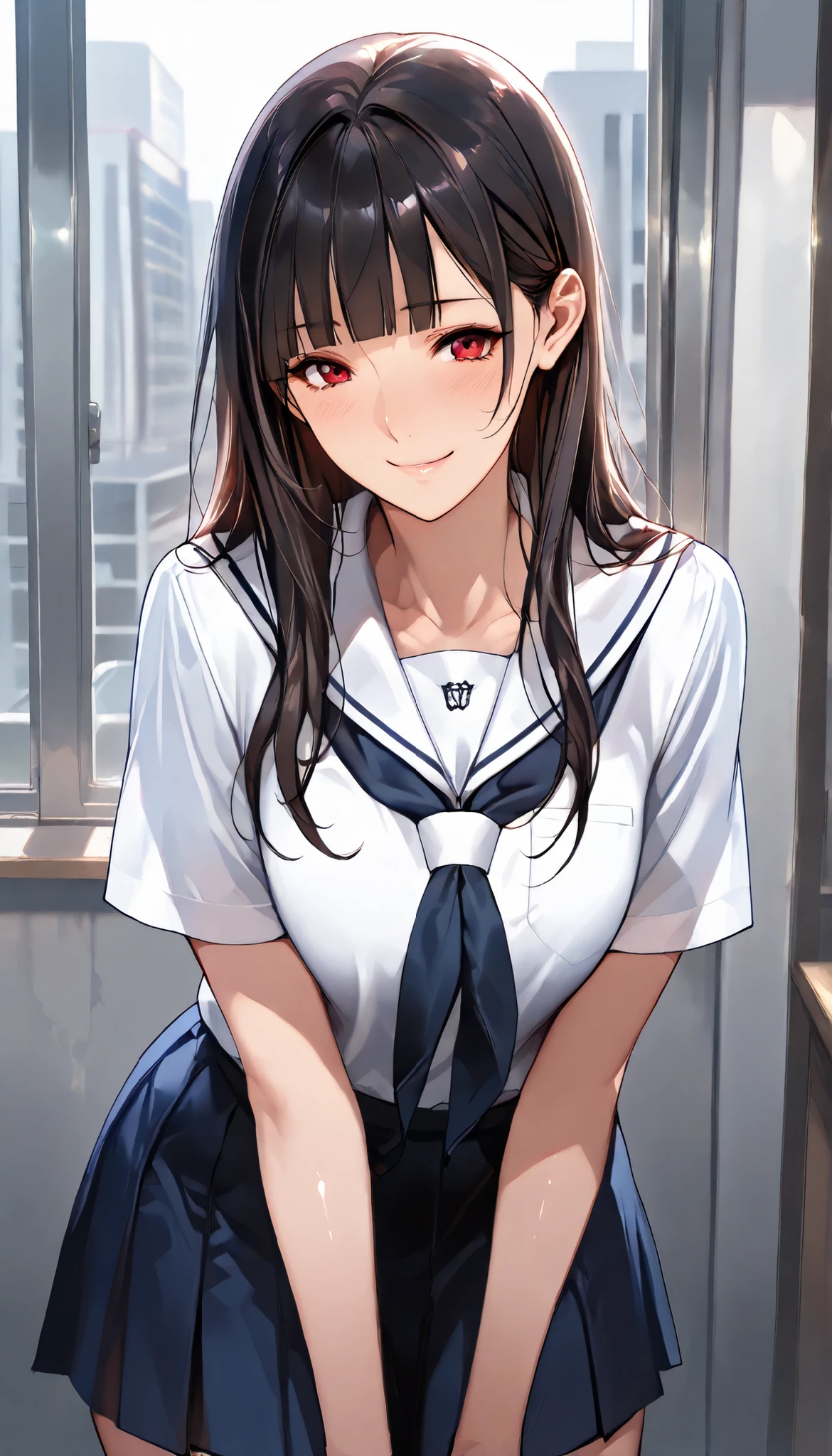1girl in、a smile、The shirt、skirt by the、（small tits）Chilarism、Japan High School Student Uniform、serafuku、summer clothing、Squall-soaked uniform、Sheer bra、（Upper body portrait）、