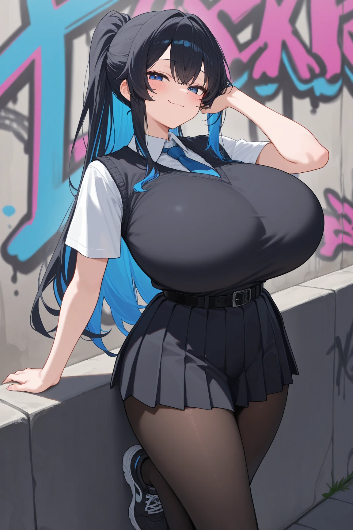 beautiful hands、ultra detailed hands、ultra detailed eyes、black thigh boots、garter strap、huge breasts、visible chest、thick thight、A sexy、grinning evily、Black sailor suit、spread legs、underwear、 skirt、short black hair、solo、nurse、street