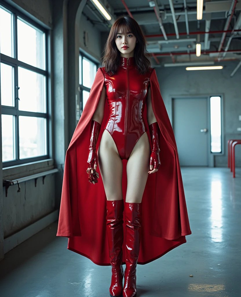 Japanese maiden posing in a red rubber catsuit,((small tits,well-shaped bust,slim body and constricted waist,)),(((Absolute full-length images,front-facing view))),Sexy Catsuit, Bondage style,short hair of dark chestnut color,,,,,,,,,,,,,,,Inside the cathedral