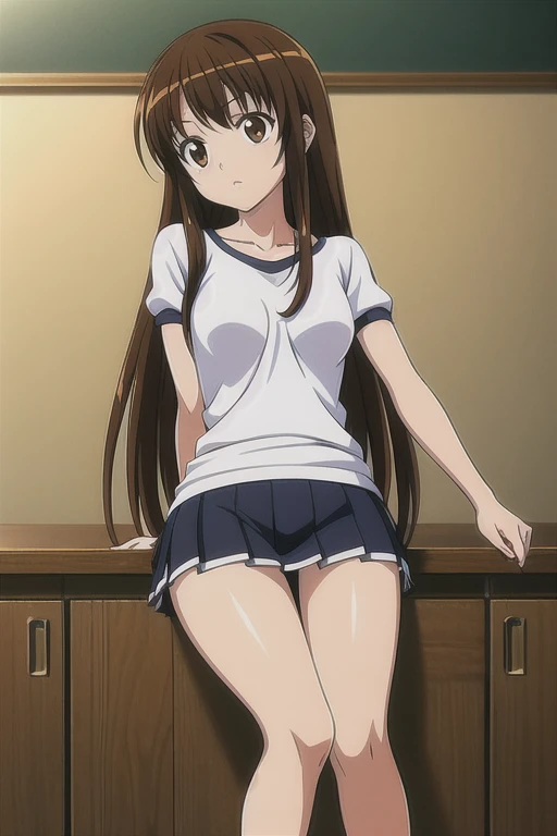 Yuuki Mizuho, One person, alone, Long Hair, hair band, Brown Hair, (gym uniform,(blue brown:1.2), (white shirt, short sleeves:1.1), thighs:1.3),(navel:1.3),(cameltoe:1.3),large breasts,(puffy nipples:1.2), It's not a leotard., Open your mouth, blush, Lips parted, liar, locker room, To the audience, ground level shot, retro artstyle,White knee socks, sneakers, 1990s (style), expensive quality, very_expensive_solve, big_file size, Full Color, nsfw, blue brown aside,(Accurate fingertips, Browse 4, Thumb 1),