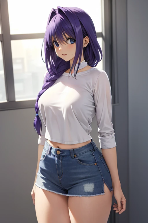 (8k, RAW photo, best quality, masterpiece:1.2), (intricate details), perfect eyes, perfect face, perfect lighting, beautiful, (masterpiece:1.2), (best quality:1.2), 1girl, solo, marinette, blue hair, ((long loosen hair, bangs over one eye )), adult torso, 19 years old, angry, huge sized breasts, ( crop top, shorts), cowboy shot, 3DMM, standing, front view, 
