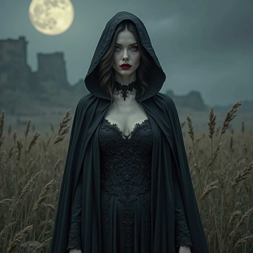 A beautiful woman with long black hair, half of her face covered by a skull-shaped hat, walking on a dirt road at night. 