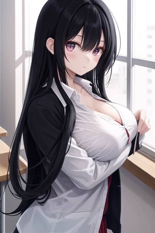 young school girl, black hair, bangs covering her forehead, white and smooth skin, sweet face, full lips, unbuttoned schoolgirl shirt, big and full breasts, short skirt, beautiful thighs, mischievous look , apparent tits