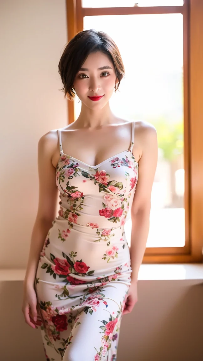 warm smile (masterpiece), (best quality), (realistic), (red lips), realistic girl, one adult woman, pale skin, curly black hair, eye green, green eyes, nose, ear, mouth, lips, neck, shoulders, medium chest, (random color shirt, plain t-shirt, short black skirt, tight tights), waist, thick legs, thick thighs, (garden with so many roses background), (short hair), (without nipples)