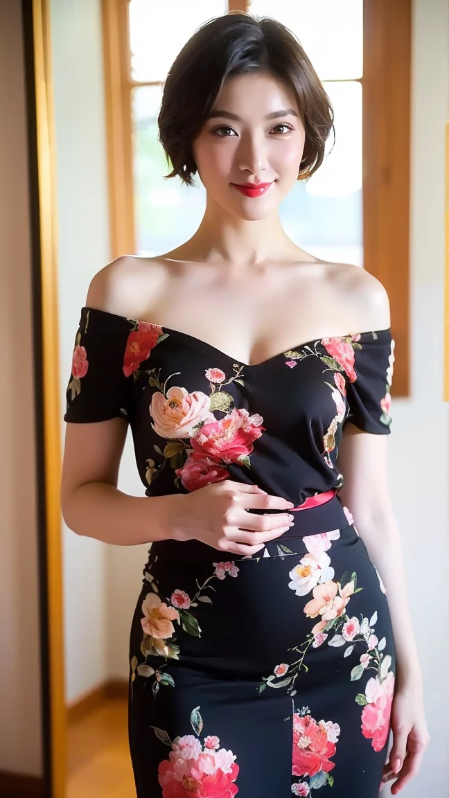 40 year old woman White Skin, (rebonded short black hair). 

Pantyhose. (Floral dress on off-shoulder RED background, Different color underskirt outfit, on off-shoulder), breast cleavage, 40 year old breasts. Pantyhose black.

necklace, jewelry.

face looking at the audience.
(entire body up to the thighs and legs perpendicularly facing the camera.  face looking at camera.  eyes looking at the camera.).
taking a photo of the front of the body, face looking at the camera, standing straight, thighs look sexy.

no background, plain wallpaper.