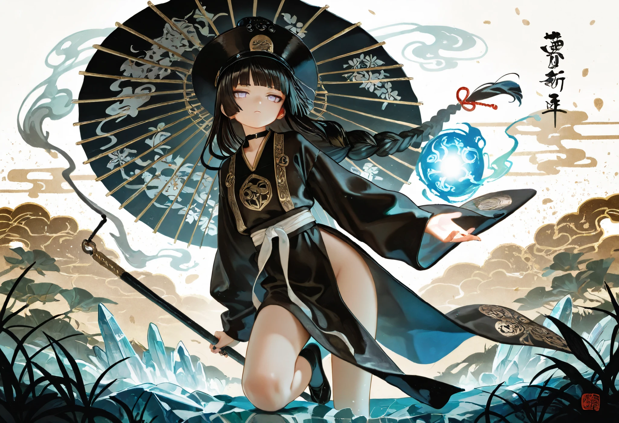 1girl, light lavender eyes, jitome, black Hair, blunt bangs, hime cut, small chest, big hat, black clothes, high waist, long Side slit skirt, Choker, bare legs, socks, black nails, flower pattern, masterpiece, best quality, Perfect details, perfect composition, Perfect face, Perfect hand, absurdres, newest, very aesthetic, amazing quality, highres, film grain, Focus on the character, Cinematic, dramatic, Magnificent, cute expression, doremi, hwansang, mx2j, floating mechanic, silver and Jade decoration, killer, noir theme, wind, Substantiated wind effects are wrapped around, Avalokiteśvara, Buddhist motif, holy, Eight Trigrams, Bagua, liquid ink dragon floats around, Long braided knot decoration, black lotus, Flowing liquid golden ink, golden energy, oriental martial arts, taoist, grand master, black birds, shadow fog raven, Fu Talisman, Taoist charm, black fog summon, white background, oriental ink painting, ukiyo-e, light effect, Liberation, transcendence, splash art, powerful, Plant ability, flower, leaf, vine, Energy sphere, green, grass, white and blue theme, ice and fire, flame, Yin and Yang, long Flagpole, gold and jade, Ultimate