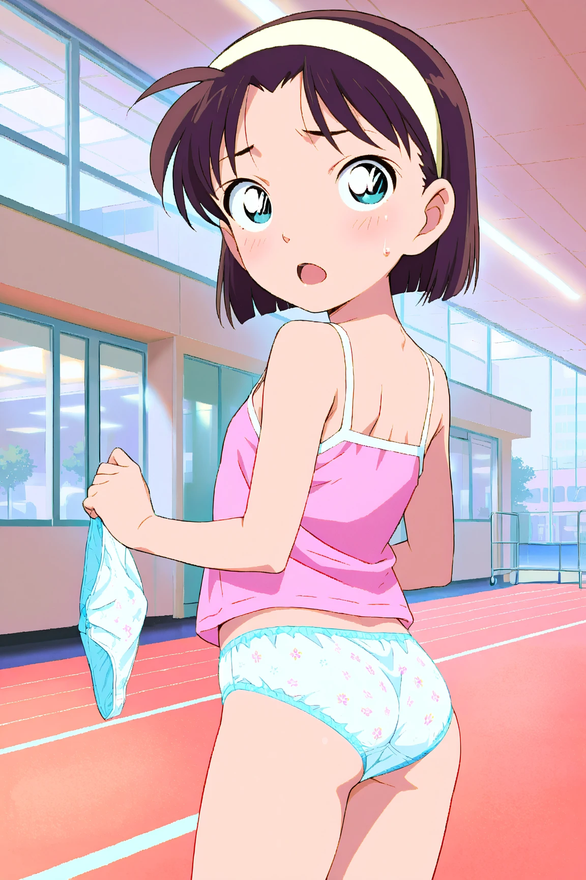(masterpiece, best quality), multiple girls, petite, loli, slim, crop top, (children's print panties), bottom, from behind, closeup, wide angle, in a clothing store, mall, (choosing clothes), smile, fun, wide angle, vibrant colors, watercolor