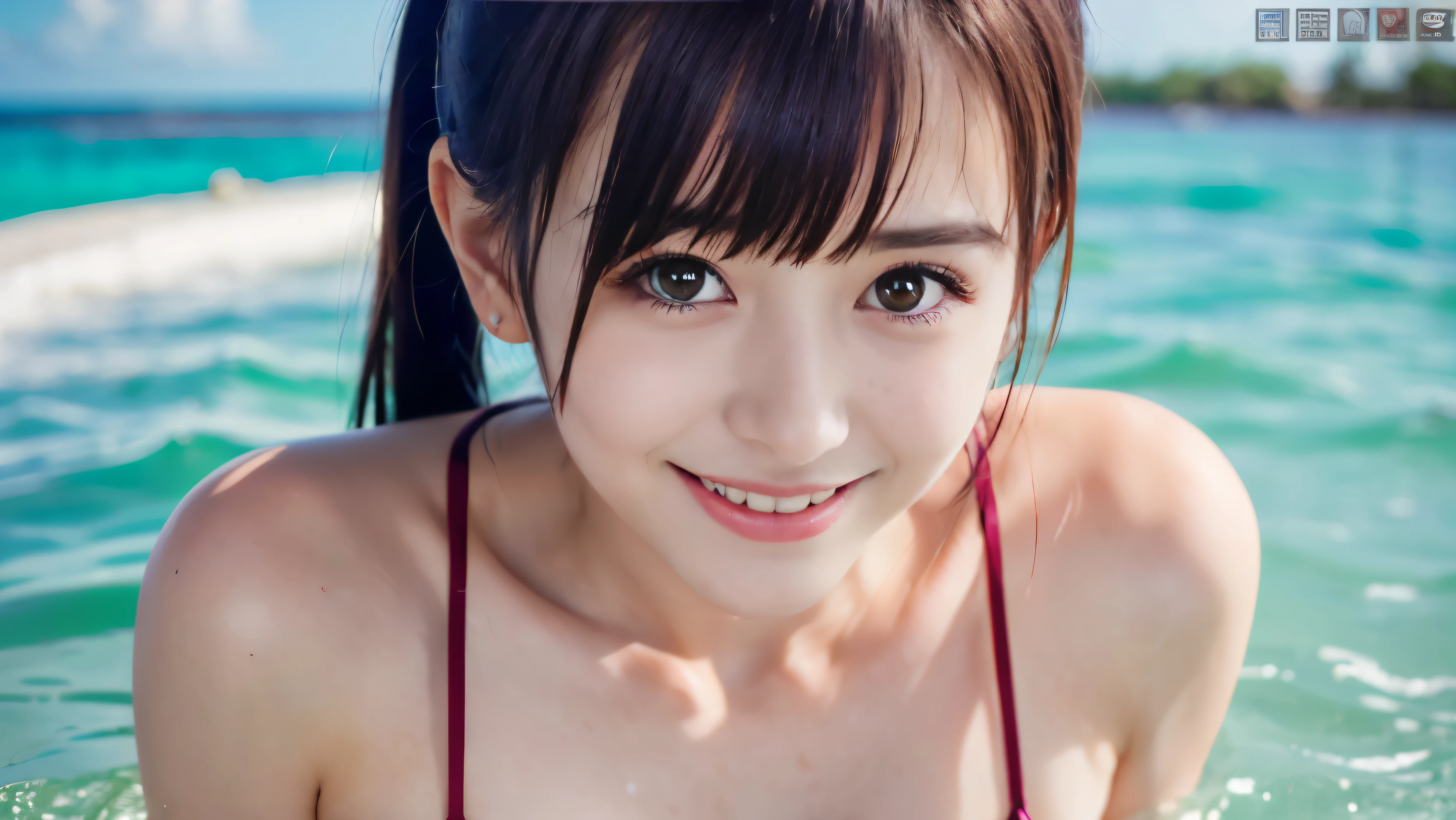 8k,Highest quality,(masterpiece:1.2),(Realistic),(Realistic:1.37),Ultra-high resolution,One Young Woman,Ocean,smile,Beautiful Eyes,(((Cute Swimsuits))),Perfect body,Perfect Fingers,Professional Lighting,gravure,Detailed face and skin texture,fine grain,RAW Photos