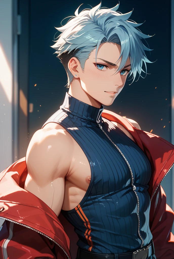 A beautiful anime-style boy with a well-defined sixpack, perfect facial features, detailed eyes, sharp jawline, piercing gaze, intricate hair, glowing skin, dynamic pose, dramatic lighting, vibrant colors, cinematic composition, intricate details, highly detailed, 8k, photorealistic, masterpiece