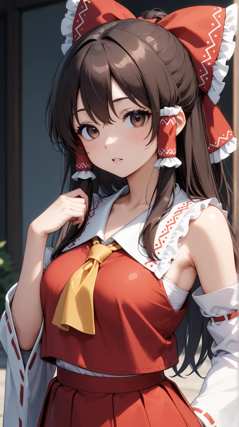 detailed background, masterpiece, best quality, 1girl, hakurei reimu, brown hair, hair tubes, hair ribbon, brown eyes, nontraditional miko, a forest full of purple and white trees, fireflies, water, purple theme, white theme, mystical, magical,sideboob,