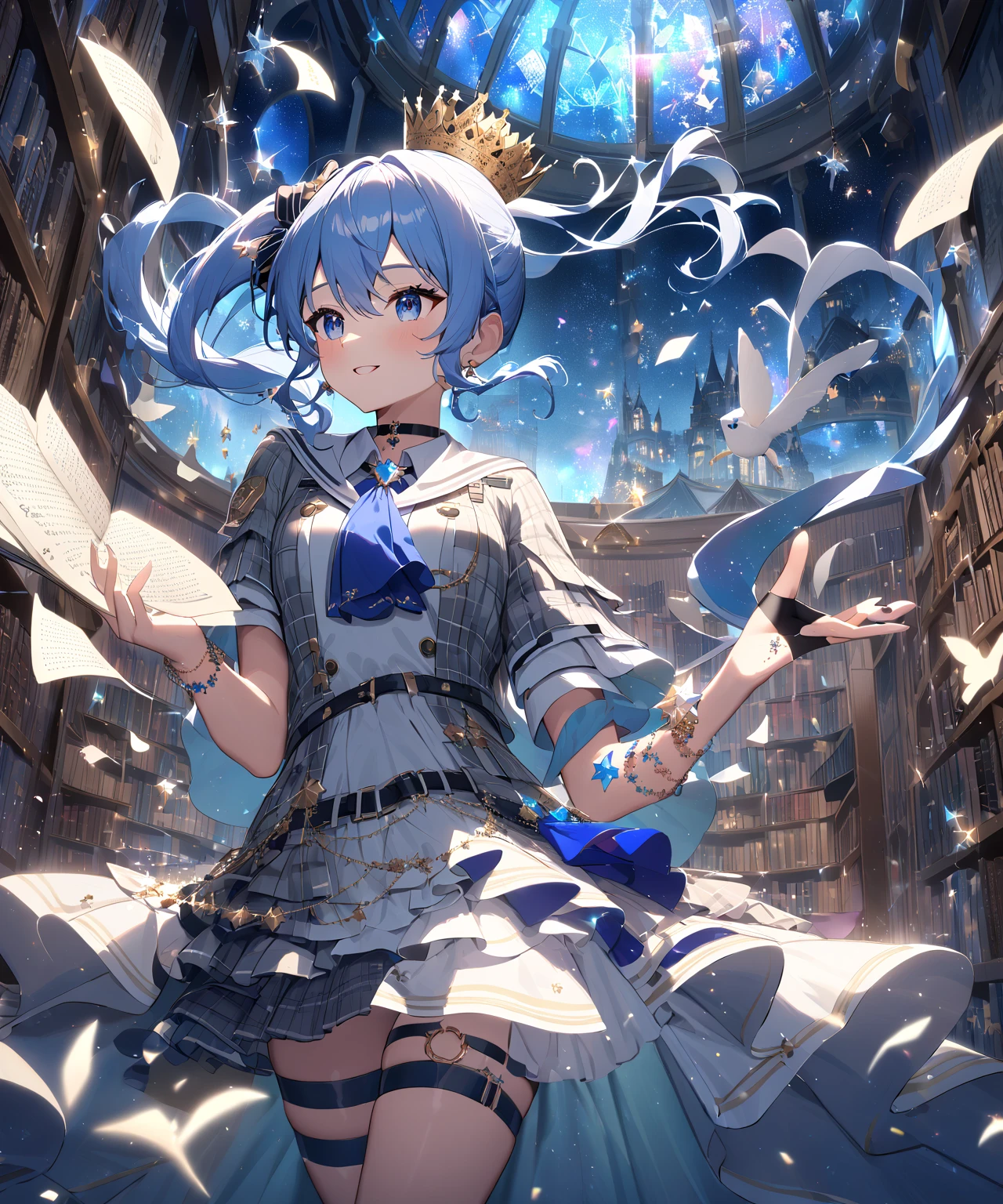 Lilina Fe, 1girl in, Solo, Smile, Skirt, hat, Dress, Holding, Jewelry, pantyhose, shairband, skyporn, Bracelet, Boken, Capelet, holding book