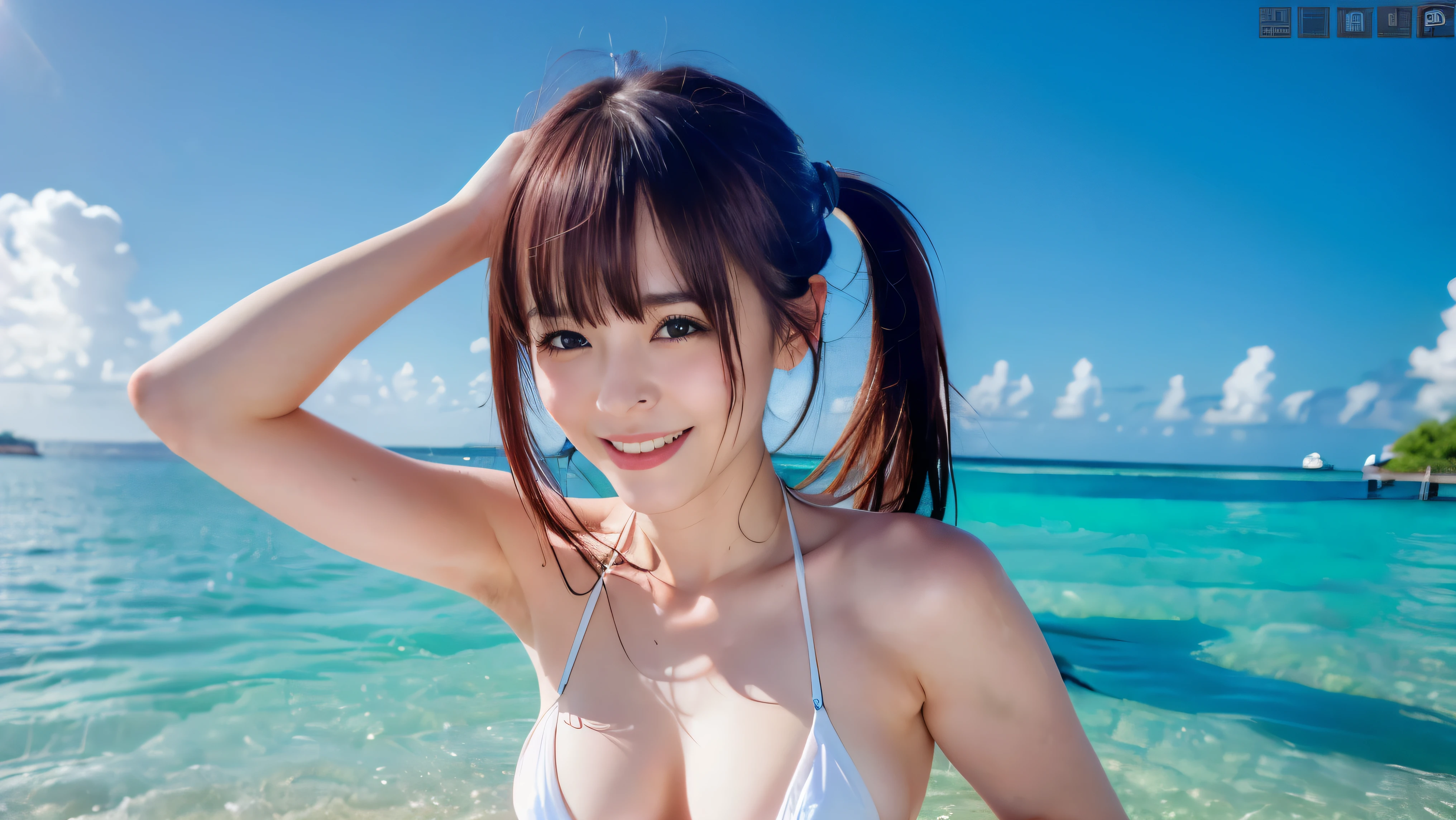 Photorealistic perfect body、Japan models、a blond、Wearing a white tight swimsuit、Happily cuddling on the beach、Enjoy、Splashes fly and hit your face、Close one eye、Healthy beauty、Sexy Full Body、Shyness and laughter、toned body