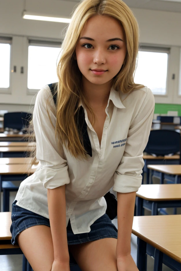 18-year-old woman、Wheat-toned skin、Female sexy、School uniform、A smile、Inside the classroom、sit a chair、Open legs