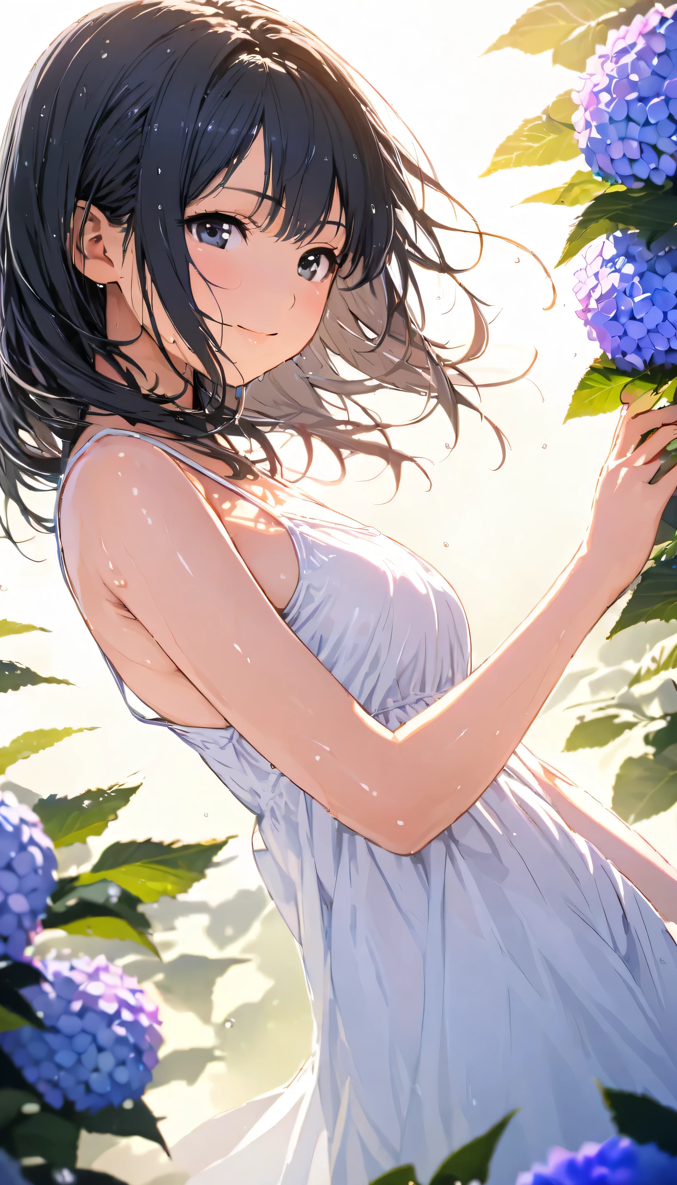 masterpiece, best quality, ultra-detailed, 8k, high resolution, Gentle colors, soft focus, dreamy background, White background, Hydrangea background, Delicate and dynamic, light rain, The wind is blowing, 1 girl, Long white camisole dress, Wet and shiny black hair, Wet and shiny skin, smile, young, Dynamic pose, Dynamic Angle, Angle from below, in the soft glow of early morning light, Light from the front