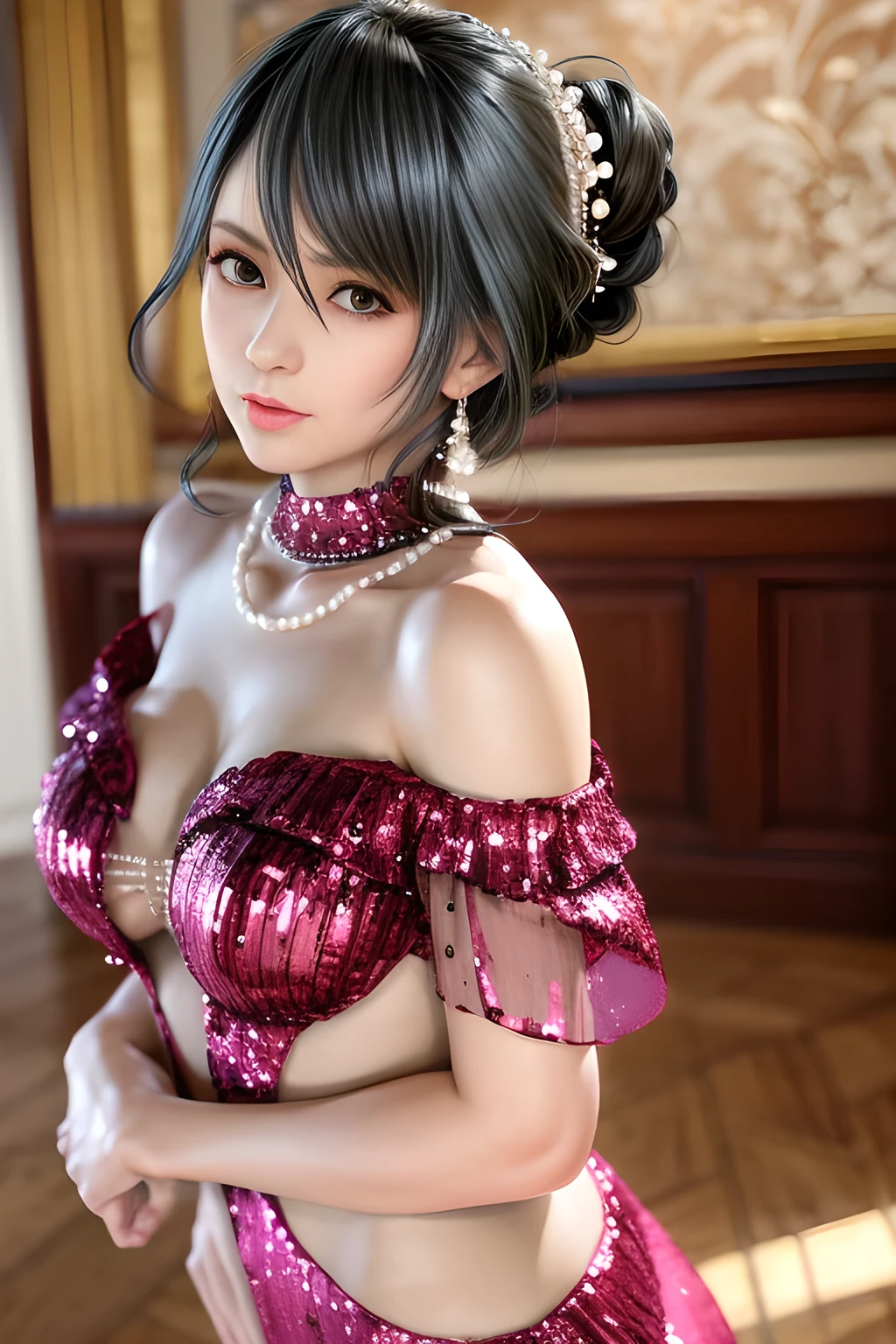 dress a fashion beautiaful model with a perfect figure in something nice, made of available materials (silk, canvas, nylon, (((latex)), (fishnet), leather), ((((jewelry:1.4)))), (steel), (chains), (chainmail), ((bracelets)), pendants, (earrings))), ((Ultra-realistic最high quality、 8K、 The ultra -The high-definition))、(1 girl:1.3), ((photorealistic:1.66))、(Realistic:1.6)、 (masterpiece)、((absurdres))、 ((ultra sharp))、((perfect figure)), ((Highly detailed face and skin texture)), (Realistic faces), Original photo, (Super beautiful detailed face:1.45)、(Super beautiful detailed eyes:1.4)、((super detailed lips:1.1)、(super Detailed nose:1.1)、((small head:1.3))、 cleavage:1.1、 Wear an off-shoulder top, full bodyesbian、choose eyes and hair color, ((hair is a different color than eyes)), dynamic random fancy, professional hairstyles)、((Contrast))、((Brightly colored clothing))、((nightclub style))、((Pantieposing thighs))、(Erotic:1.5), (Look sideways, look up, look down (random expressions)), ((white, eye-catching, leather, lace-up over-the-knee boots:1.34)), ((black dress, (dress:1.5), no_panties, curvy)), (very intricate design of laced bodysuits), (firm full breasts:1.53), (narrow waist:1.3), medium ass, beautiful cheekbones, (slim belly: 1.3), (well-muscled body:1.32), slim face, ((she profesional dance:1.3))、((anatomically correct dance movments: 1.3))、((in a nightclub:1.2)), (neon sign), (professional lighting), Diffuse light, dark shot:1.08、 (Long 2blue_eyelashes:1.15)、 (dark_eyeshadows:1.45)、 red_lipstick:1.45、((perfect round eyes))、(pink_makeup:1.2)、(matte skin:1.42)、((shot to the knees))、
