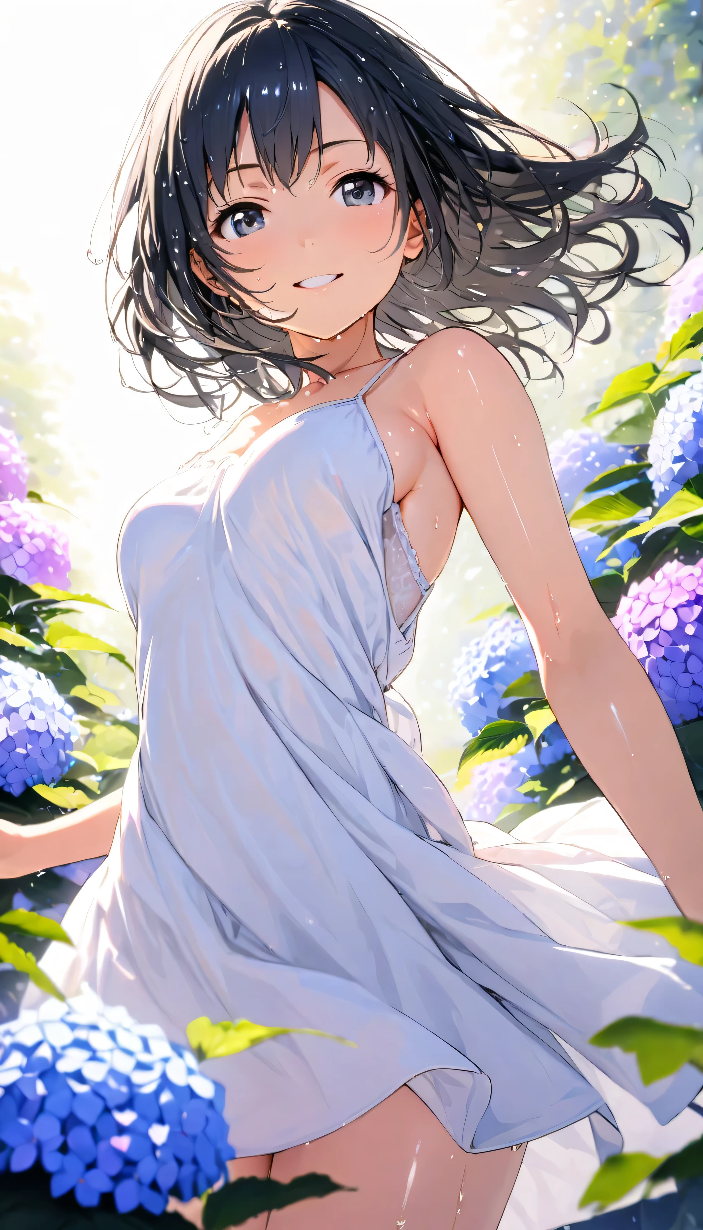 masterpiece, best quality, ultra-detailed, 8k, high resolution, Gentle colors, soft focus, dreamy background, White background, Hydrangea background, Delicate and dynamic, light rain, The wind is blowing, 1 girl, Long white camisole dress, Wet and shiny black hair, Wet and shiny skin, smile, young, Dynamic pose, Dynamic Angle, Angle from below, in the soft glow of early morning light, Light from the front