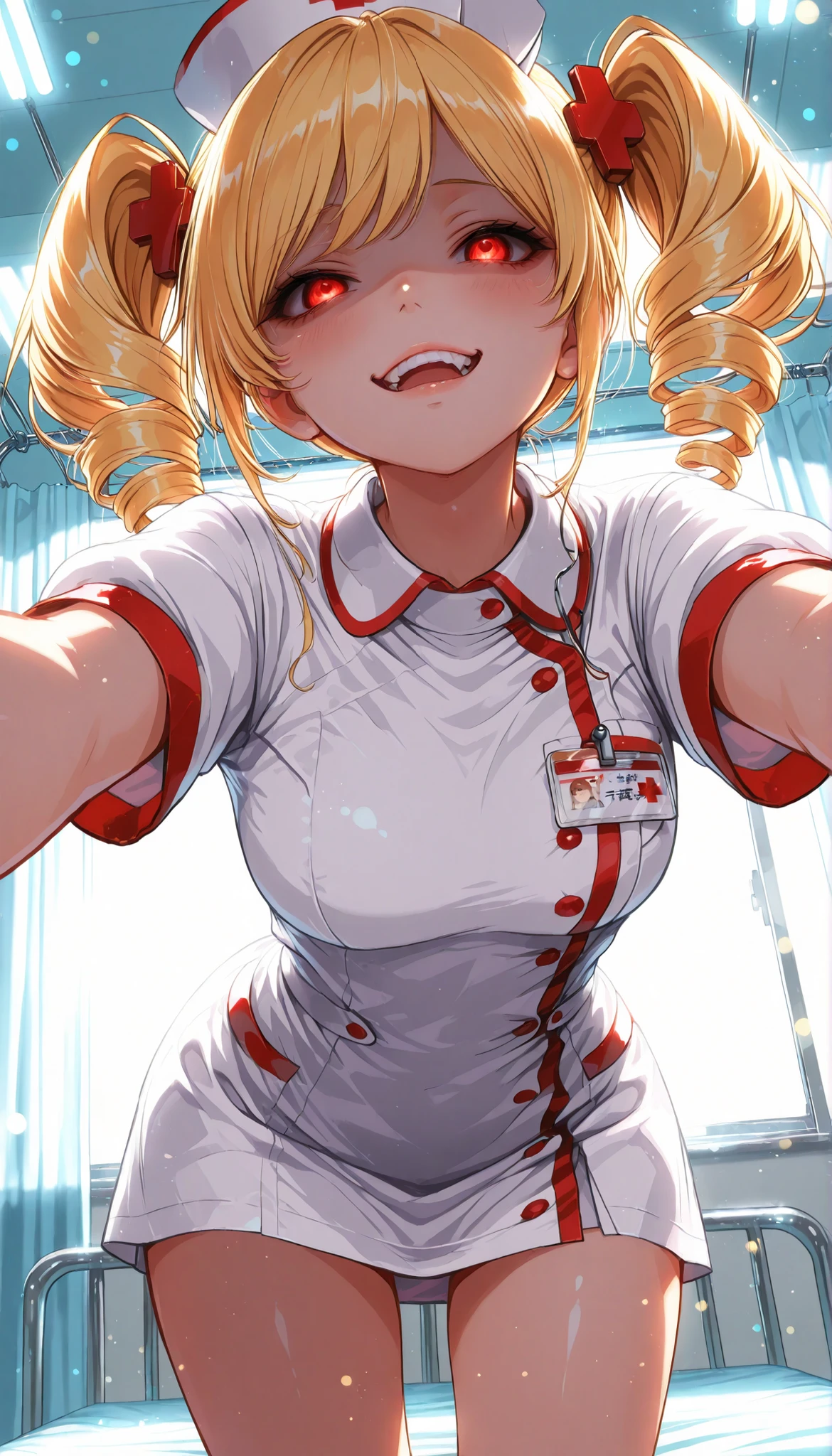 High Quality,4K,8K,real,フォトrealな,Like a painting,hyper-detailed,wearing a professional,Pale colors,Bokeh,清潔なHospital room, cute,Blonde, twin drill, nurse uniform, Stares At Viewers, yandere, Zitoida, face close-up, standing grinning, Lean forward, Stretch out your arms, from below, Expressive,natural standing position, make your face bright red, Hospital everyday scene,Hospital room, Elegant, I'm wearing a CG illustration style,Digital art, Glowing Contours, early morning, Light Shining Through Window,