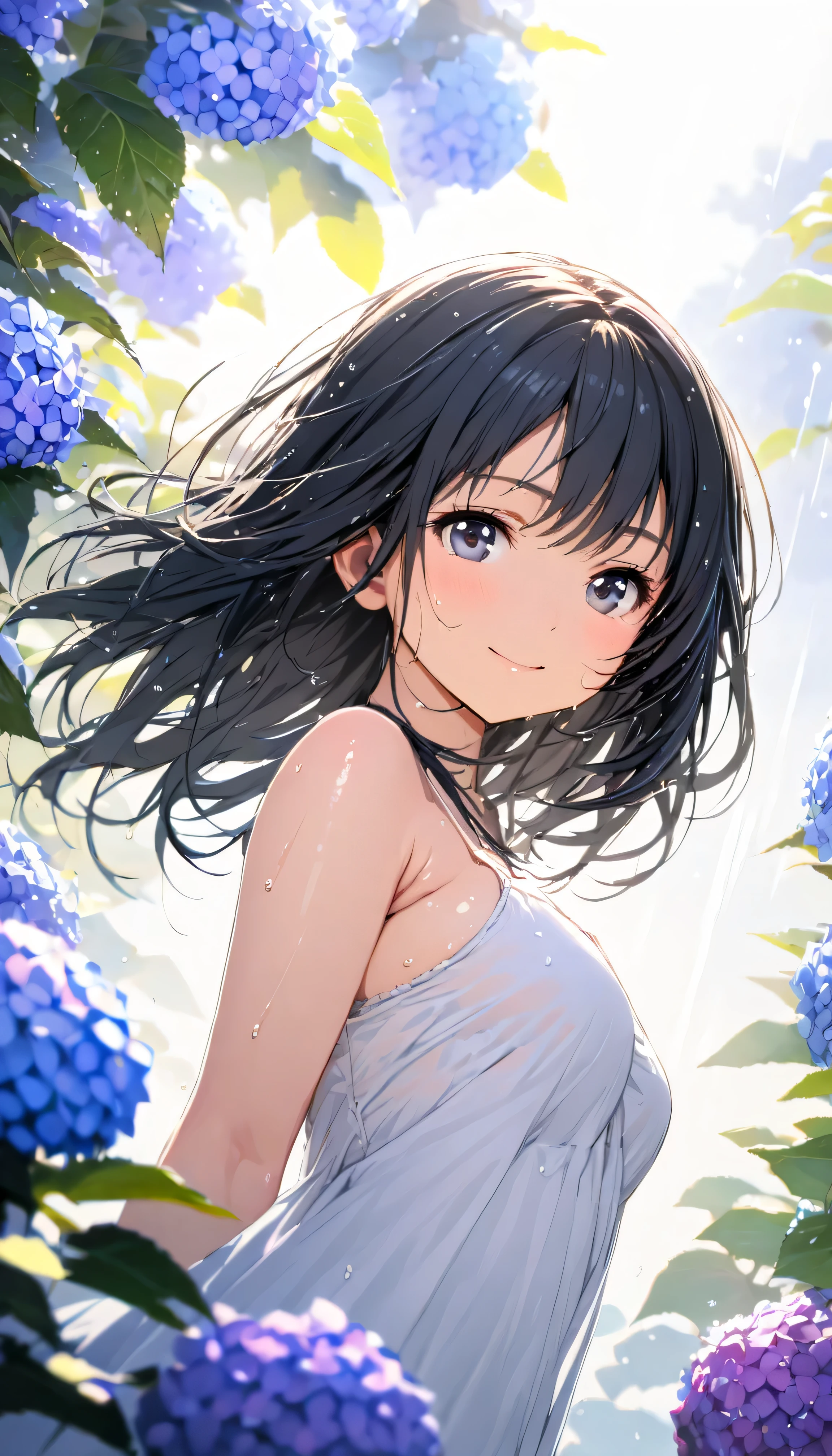 masterpiece, best quality, ultra-detailed, 8k, high resolution, Gentle colors, soft focus, dreamy background, White background, Hydrangea background, Delicate and dynamic, light rain, The wind is blowing, 1 girl, Long white camisole dress, Wet and shiny black hair, Wet and shiny skin, smile, young, Dynamic pose, Dynamic Angle, Angle from below, in the soft glow of early morning light, Light from the front