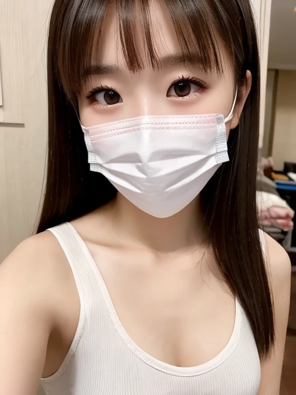 Wearing a bikini、((Long Hair、Wearing a mask、Small breasts:1.5)、、(Highest quality、8K、32k、masterpiece、Best Quality))、Japanese、Very cute child、beautiful girl、Bright smile、Glowing Skin、Blurred Background、whole body、room