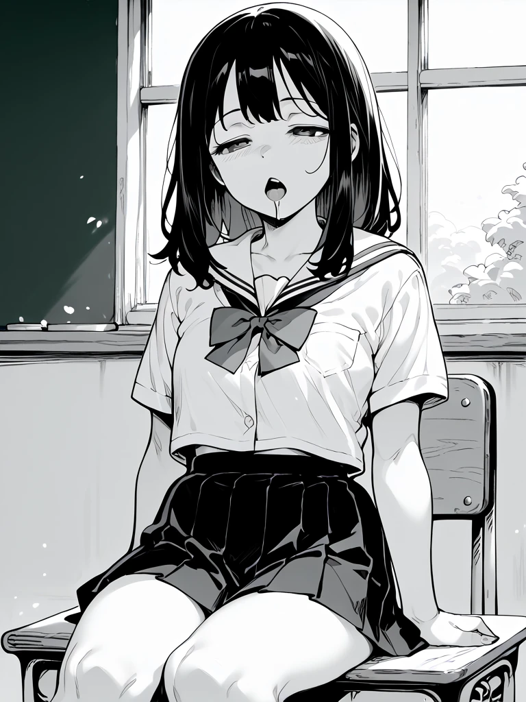 (depicting a single moment from a manga for adults), (hand-drawn), ((simple line art)), ((manga-style line art background)), (only 5 colors used), ((pubic hair, school uniform, round face, eyes with realistic sizing, drooping eyes, blush, sweat, shame smile, thin lips, spread her legs)), (((standing to hit her crotch the corner of the table, orgasm))), open mouth,