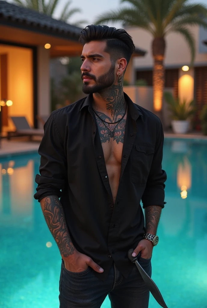young 2 sexy Rudo gangster with black hair shaved on the sides with braids brown eyes thick lips athletic body masculine energy and sexy defined chin trimmed beard colored tattoo marked biceps wears black colored man Muslim style lying on a bed naked without pants and with a glass of wine in his hand