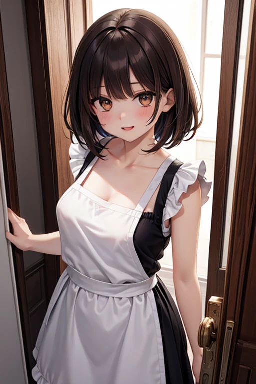 (Best quality, 8k, 32k, Masterpiece, UHD,:1.2),RAW, 1girl,ultra cute , natural lighting,transparent shining eyes, 20yo,medium breast ,fair complexion ,flushed face,Naked apron, at kitchen