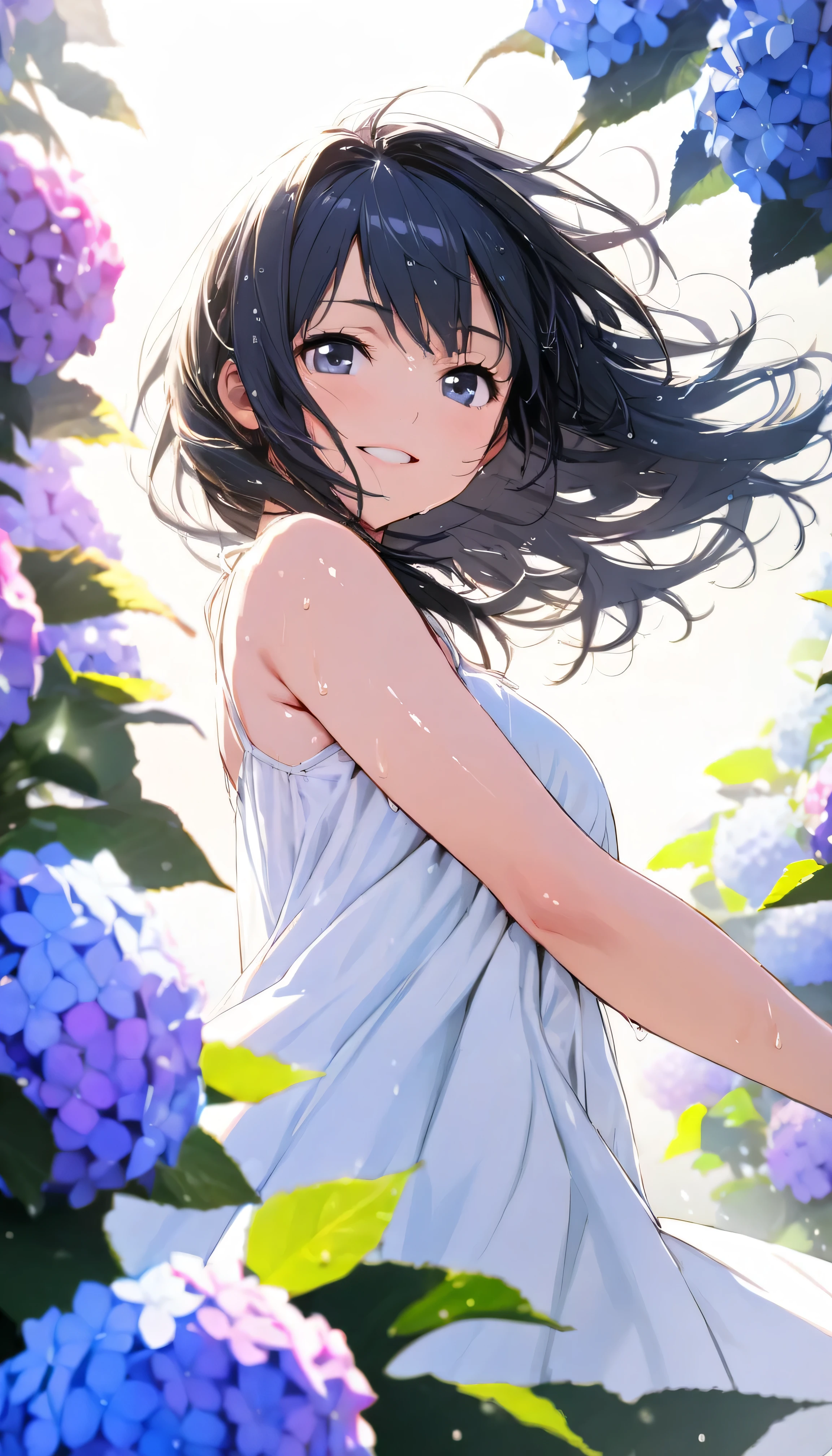 masterpiece, best quality, ultra-detailed, 8k, high resolution, Gentle colors, soft focus, dreamy background, White background, Hydrangea background, Delicate and dynamic, light rain, The wind is blowing, 1 girl, Long white camisole dress, Wet and shiny black hair, Wet and shiny skin, smile, young, Dynamic pose, Dynamic Angle, Angle from below, in the soft glow of early morning light, Light from the front
