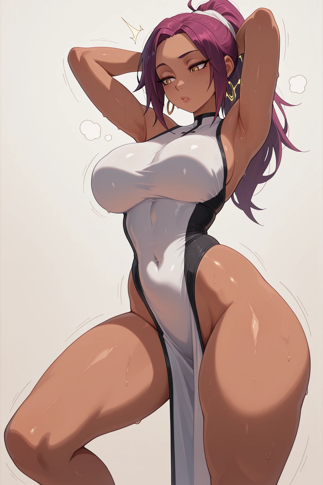 1girl, shihouin_yoruichi, breasts, dark_skin, dark-skinned_female, yellow_eyes, solo, purple_hair, sideboob, english_text, thighhighs, large_breasts, smile, leotard, speech_bubble, hand_on_hip, looking_at_viewer, ponytail, long_hair, thighs, highleg, black_thighhighs, bare_shoulders, black_leotard, highleg_leotard, grin, thick_thighs, collarbone, skindentation, parted_bangs, bangs, wide_hips, heart