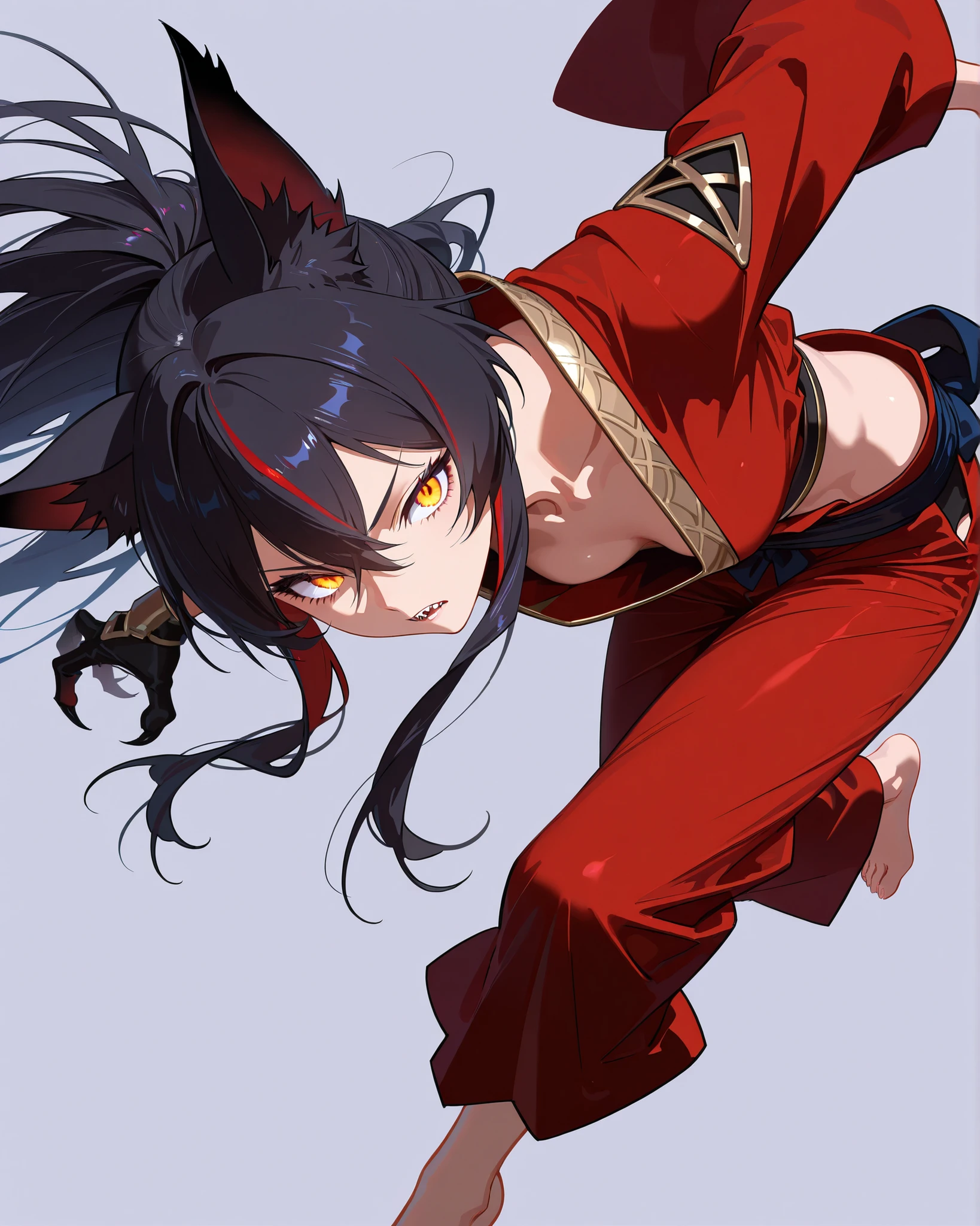 Black Hair、A cute girl with cat eyes, cat ears, red Chinese clothes and big breasts is drawn.。The hair is smooth and straight、Bun Hair