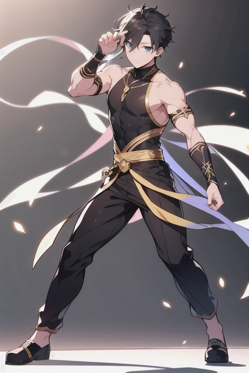 1boy, male focus, sidepec, muscular dark skinned male, muscular, bara, full body, scarred body, solo, mage clothes, short combed up hair, orange hair, red eyes, short demon horns, simple background, best quality, amazing quality, best aesthetic