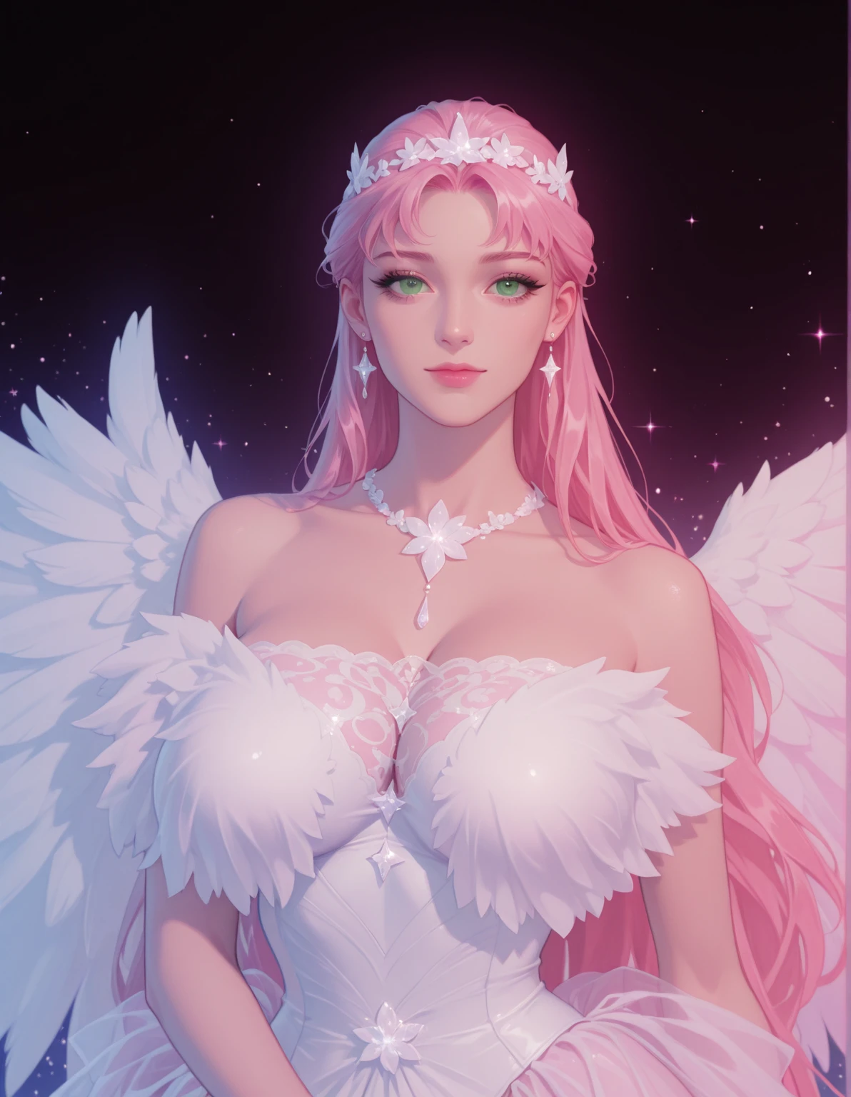 ((raw photo)), ((masterpiece)), anthropomorphic humanoid AngelGirl wearing white noble robe, intricate detail, futobot, intricate Greebles pieces, sky behind, pink, beautiful wings, detailed eyes and lips