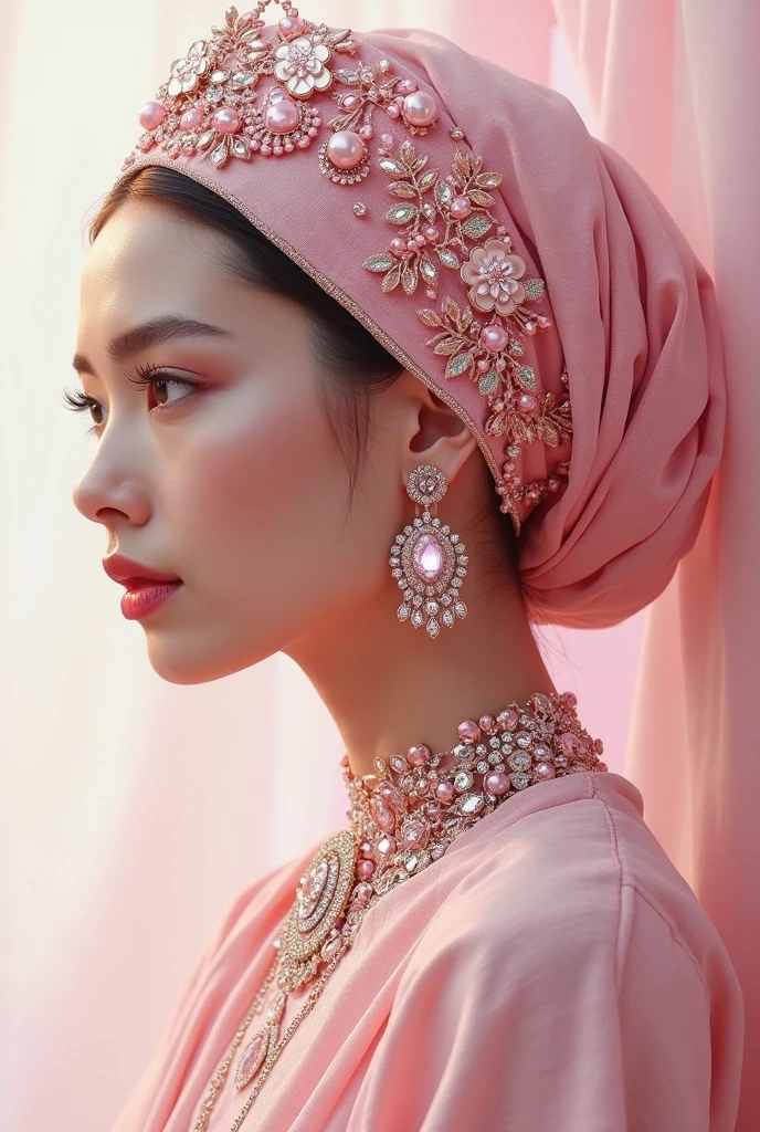 hot pink, cleavage, hijabi, Absurd, ultra-detailed, high quality, masterpiece, detailed face, beautiful eyes(detailed eyes), javanese, gentle and graceful, face exudes warmth and kindness, eyes described as soft and comforting, gentle and steady gaze, overall appearance is simple and modest, The fabric of her garments is usually depicted as soft and earth-toned, beauty lies not in extravagant adornments, Her smile is serene and welcoming