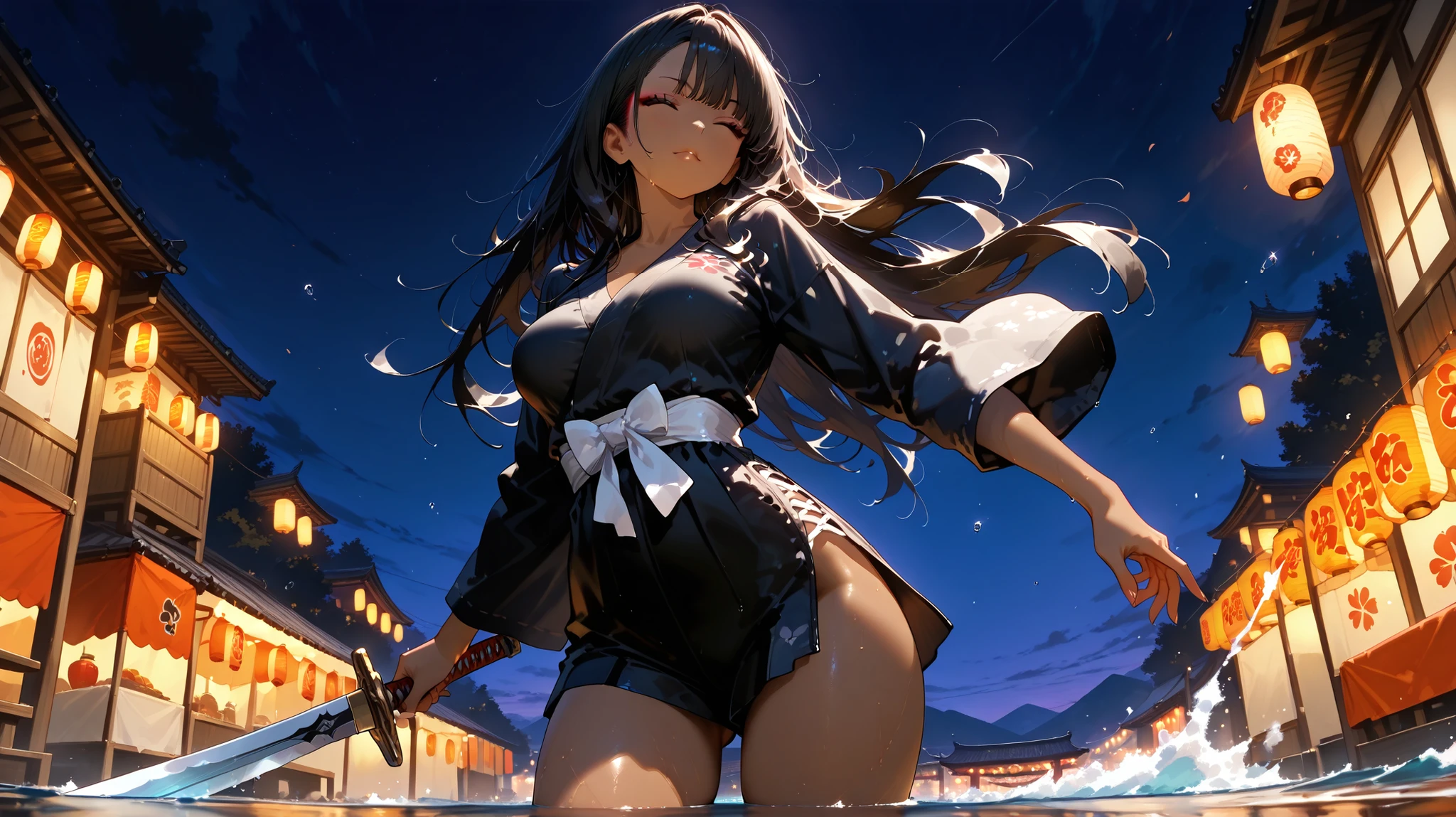 ultra-detailed,best quality,masterpiece,ultra-detailed,high resolution,extremely detailed CG,perfect ???????,detailed,cinematic lighting,beautiful detailed eyes,ultra high res,1girl,(18 years old:1.4),gleaming skin,oil skin,sweat,humid,trembling,strong light coming in,spot lighting,bright,clothed,cowboy shot,Female Swordsman,(Torn Kimono:1.5),Covered in wounds,Torn clothing,(Female Samurai:1.3),(Holding a broken Japanese sword:1.5),(Night Grassland:1.6),(fear:1.8),(despair:1.8),defeat,sit,spread legs,(Dirt-stained skin:1.5),(Dirt-stained clothes:1.5),looking at viewer,Black Hair,(loincloth:1.2),(Astonishment:1.8),(Subjective:1.4),(fear:1.5)