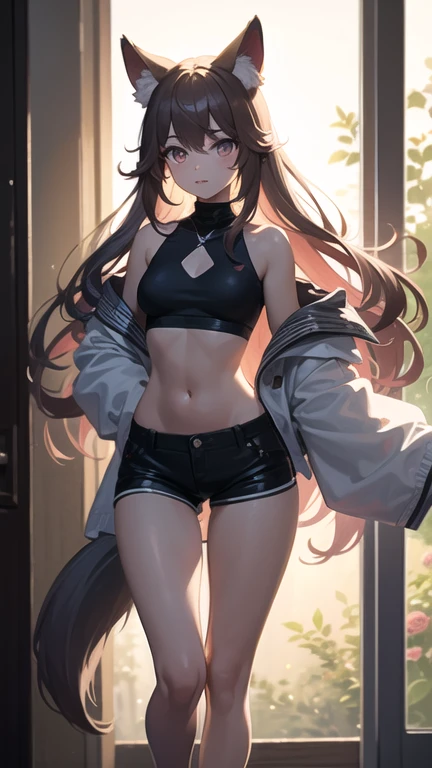 (all intricate details, 1 girl view, Nicole Demara): "Create a highly detailed character design featuring a young, long hair, wavy pastel pink hair that reaches her waist, shiny black bows at the top of her head. Loose strands form wide, soft waves that frame her face and shoulders. A few small loose strands fall near her face, ((with a pair of black hairclips on the front)). Her face is youthful and lively, with a playful smile and a wink in her left eye. She has large, vibrant green eyes with a bright, enthusiastic sparkle and long, well-defined eyelashes. She is dressed in a short short black jacket that leaves her shoulders bare, adorned with metallic details such as buckles and buttons, and white cuffs. Underneath, she wears a white crop top that ends just above her navel, Her outfit includes multiple belts and straps around her waist, some connected to her lower clothing, with metallic buckles. The character exudes a punk-rebellious style with sexy kawaii touches, set in a futuristic, background should be slightly futuristic to highlight the character." action sexy pose, random angle