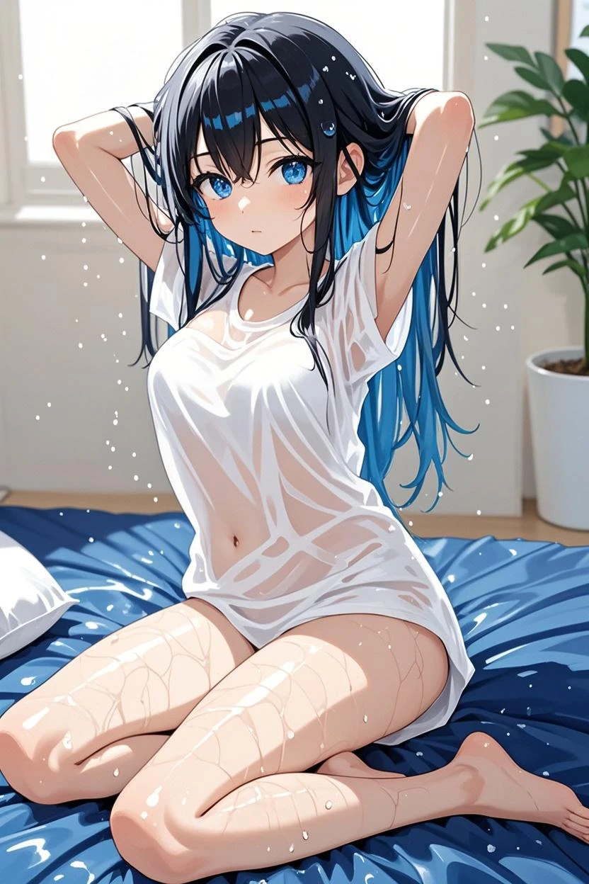 Woman with big breasts sitting on the bed without underwear without clothes wet very wet anime style 4k