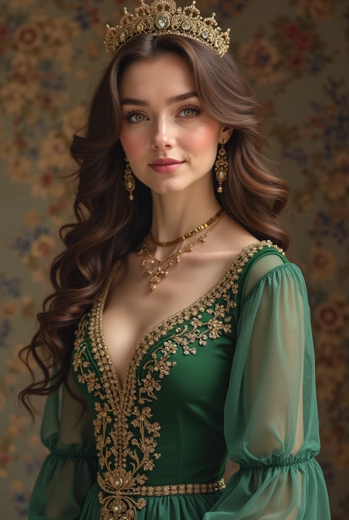 splash art of an enchanting earth spirit druid, dark brown and green two-tone hair, yellow eyes, dress made out of leaves in the (style-swirlmagic:1.1),( swirling leaves magical:1.1) around her, blurry_background, breasts, smile, cleavage, flower crown, natural lighting, windblown hair, looking_at_viewer, solo, highly detailed 8k character concept portrait studio lighting by Annie Leibovitz and Steve McCurry octane render trending on artstation made in Maya 4K high quality digital painting dramatic lighting, Style-Autumn, Style-Hoggy