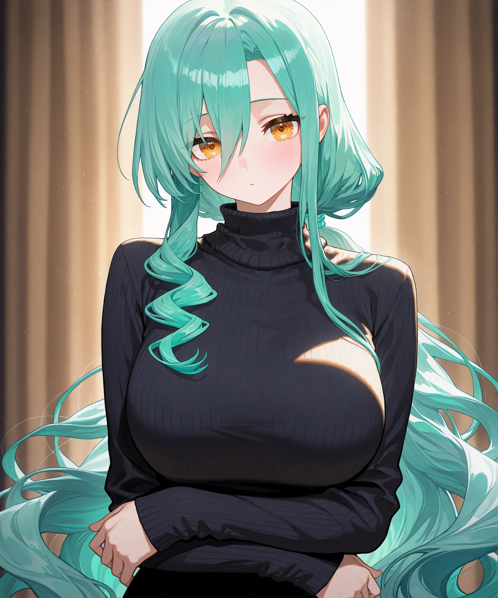 (Large breasts:1.5),Looking at Viewer,((masutepiece)),((Best Quality)),Perfect Anatomy,8K UHD,extra detailed face,gloss and shiny,((1girl in)),((Solo)),(Beautiful detailed eyes:1.5),image perfect,(Upper body:1.1),(Look at the front:1.1),Arms behind,Slim waist,Shiny hair,Standing,Bangs,Green hair,Green eyes,(Semi-long hair:0.7),Smile,turtle neck,Vertical sweater,Indoor room,Skirt,