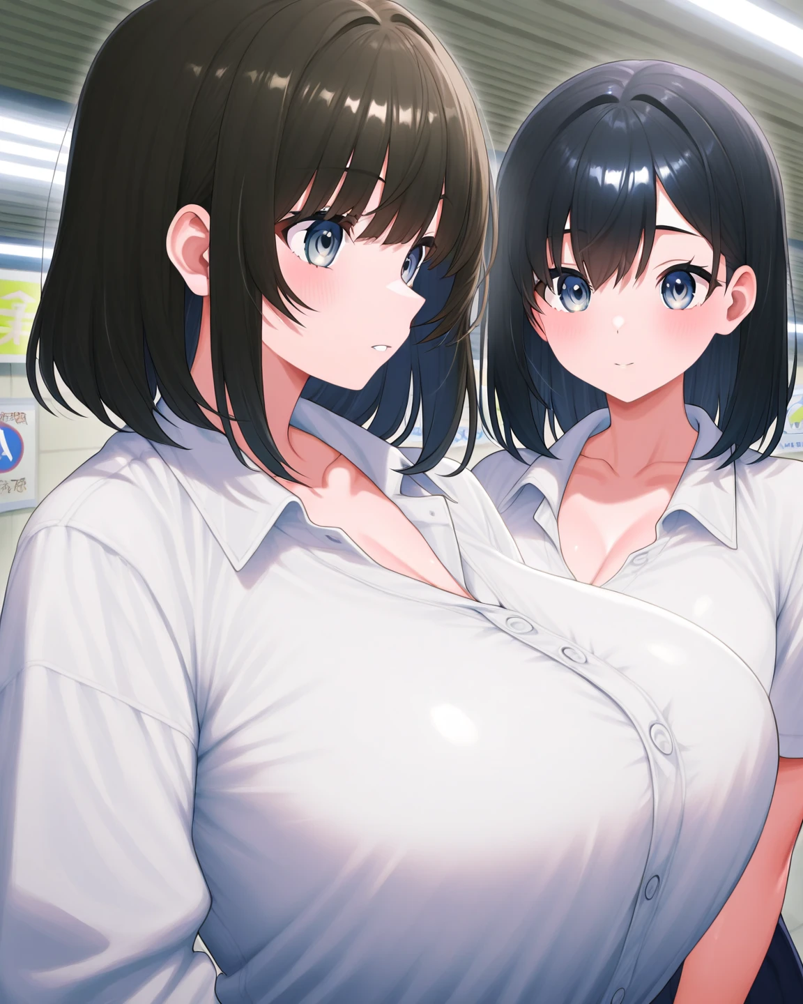 2heads, tall chubby woman with 2 heads. In a messy dark bedroom with gaming PC. Short messy maroon hair. Wearing a beanie. Lifting shirt to show bare breasts, topless. Mature, womanly. Wearing eyeliner, baggy tired eyes. Huge fat saggy breasts. Happy, smiling. Huge nipples. Close up. Chubby cheeks. Kiss, kissing, making out.