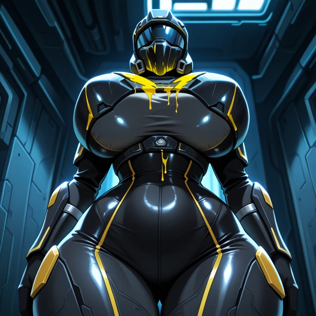 Dronificated unknown woman in a fully enclosed black latex fullbody suit with yellow lights across the suit and heart shaped glowing core in the chest, fully enclosed cyber helmet that cover her whole face and hides her identity with only two glowing yellow lines in it's otherwise, empty black face, huge breast, narrow waist, wide hips and thick thigs in a storage, no face, no hair, no mouth, no eyes