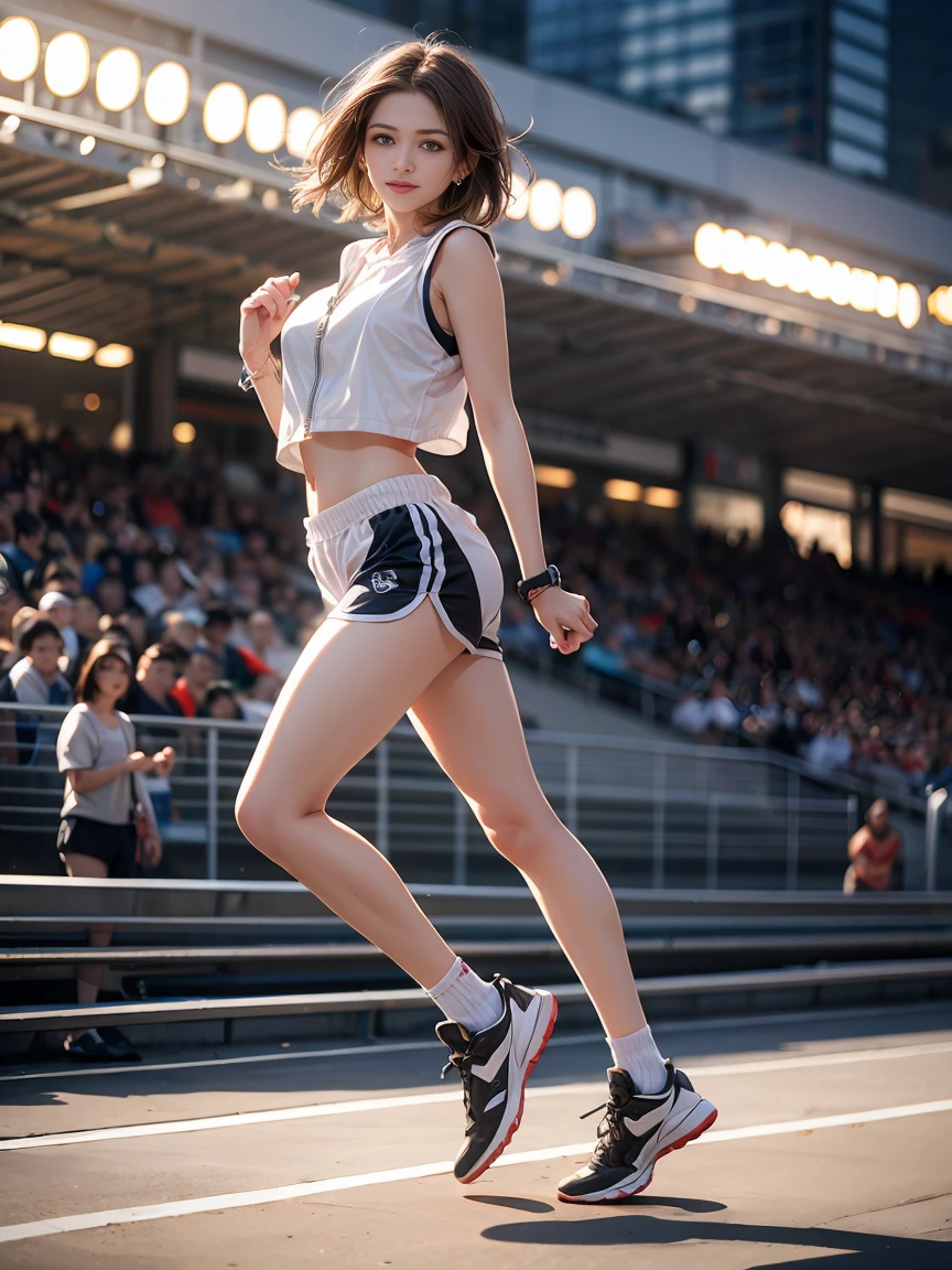 {masterpiece, best quality, extremely detailed CG, unity 8k wallpaper, cinematic lighting}}. design art, A seaside park, 1 girl, full body, A beautiful girl running on an electric scooter, She is stunningly cute, with a smile, short bob hairstyle in golden blonde, blue eyes, double eyelids, long eyelashes, long limbs, She is wearing a white tank top, distressed denim shorts, and white low-cut basketball shoes. Striking an active pose.