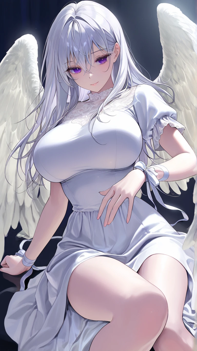 azusa \(blue archive\),purple eyes,white hair,long hair,wings,hair flower,halo,white capelet,black sailor collar,black frilled dress,white footwear,(exposed chests:1.4),(big chest:1.3),(big breast:1.3),(blush:1.2)